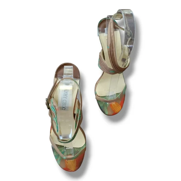 Jimmy Choo Green, Orange& Brown Tropical Ankle Elegant Stiletto Buckle Heels - Picture 4 of 12